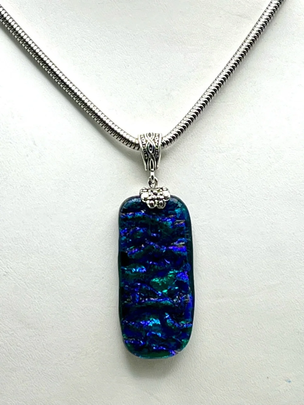 Sterling Silver Blue-Green Artisan Dichroic Glass Pendant Necklace - Picture 2 of 7